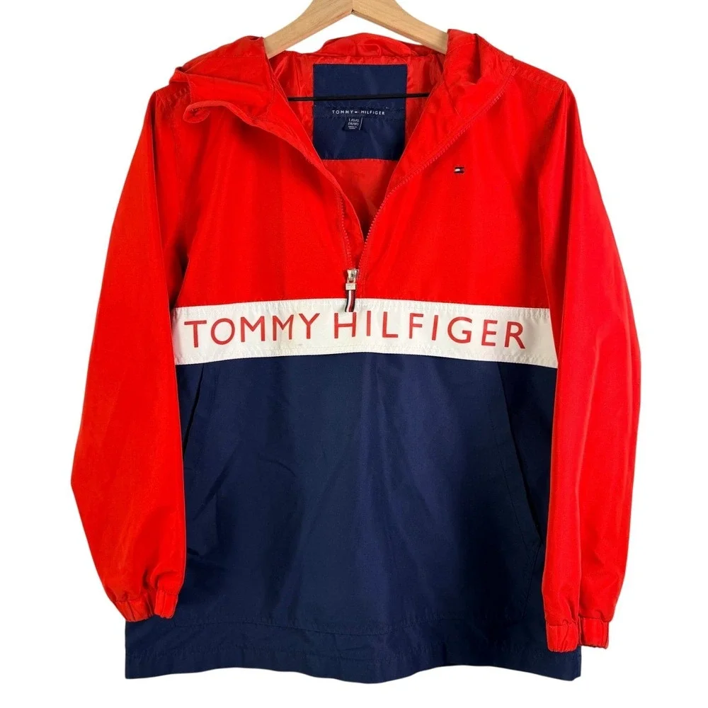 Tommy Hilfiger‎ Boys Red Navy Colorblock Hooded Windbreaker Jacket Large 16/18